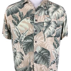 Panama Jack Hawaiian Rayon Shirt Mens L Khaki Green Tropical Leaf Button Up